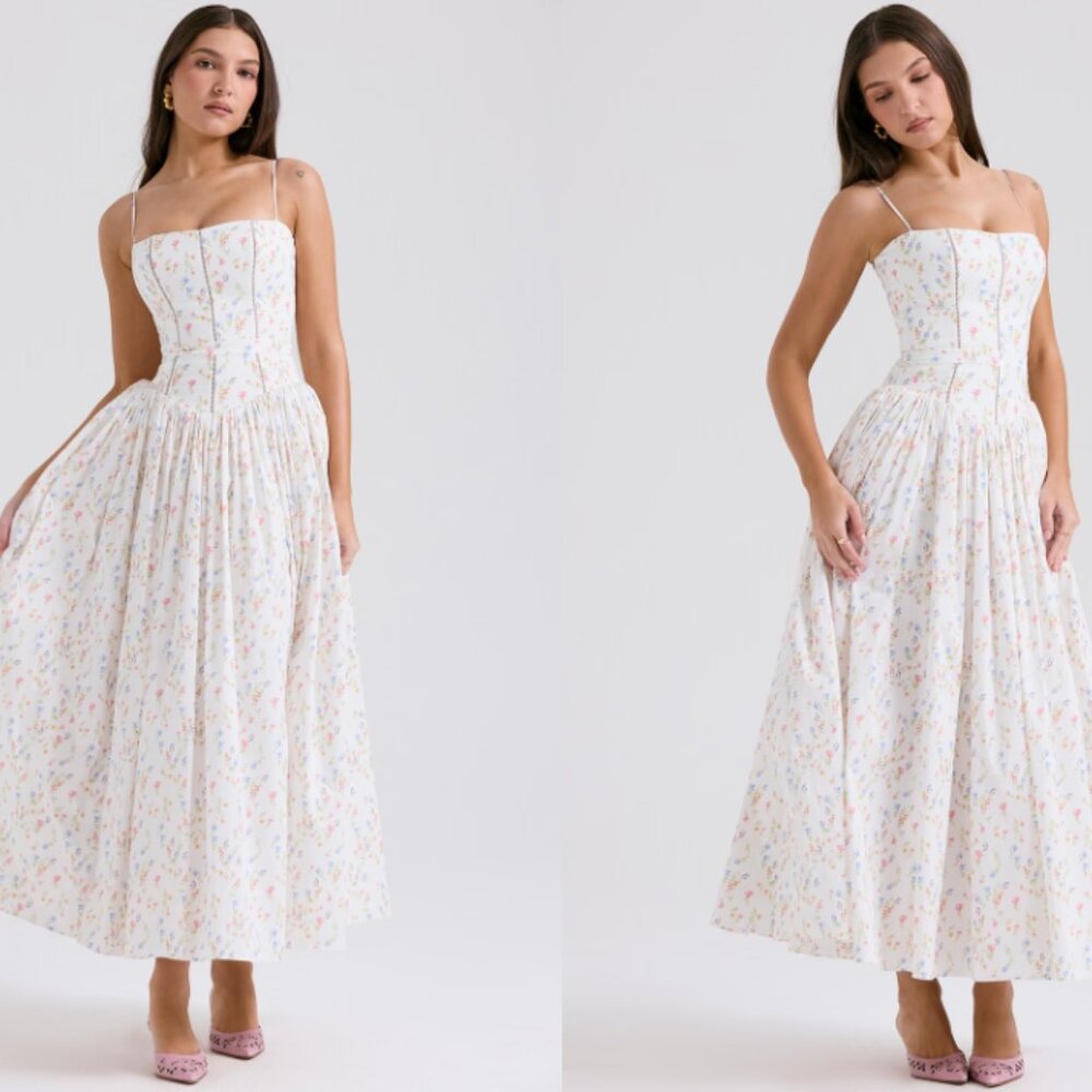 HOUSE OF CB' Ysabella' White Posy Print Cotton Maxi Sundress NWOT